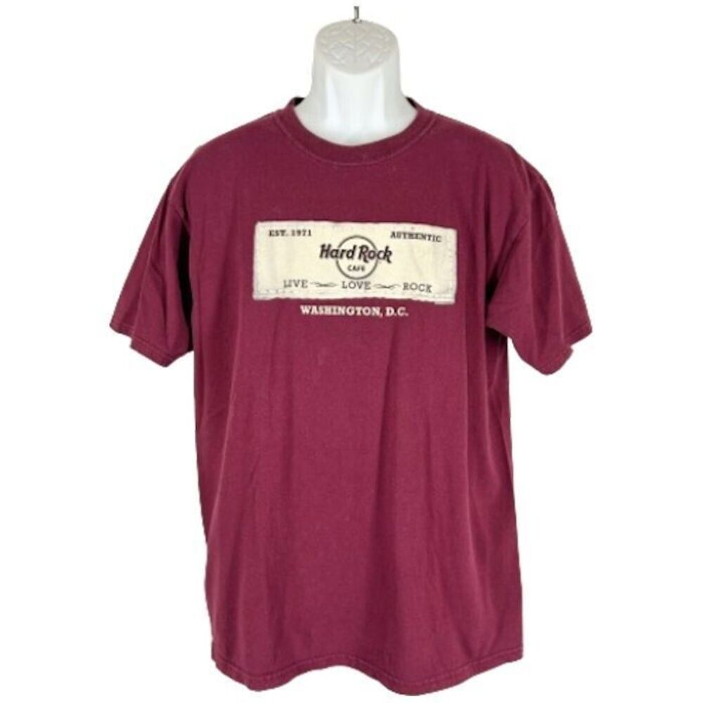 Hard Rock Cafe Washington DC Shirt Size L Burgundy Beige Short Sleeve